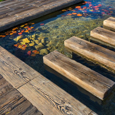 Bazénový lem rovný typ L, Schodišťový blok 100, Prkno 100, Natur reliéfní, Staré dřevo
